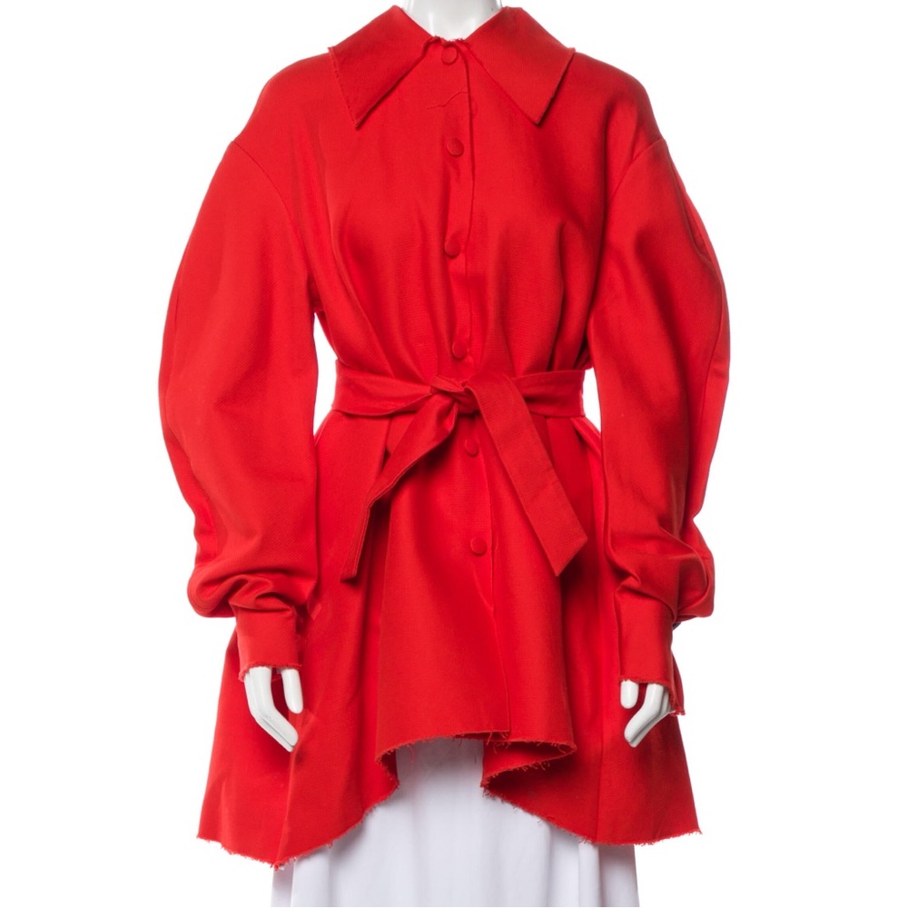A.W.A.K.E. Mode Red Raw Hem Contemporary Luxury  Oversized Trench Coat